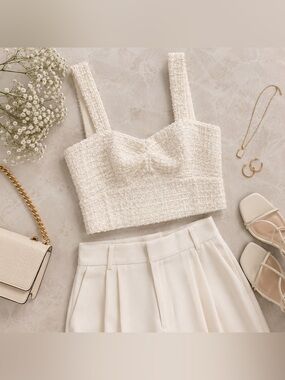 A Loves A Ivory Bouclé Tweed Crop Top Pearl Detail Parisian Luxe Chic Small NWOT